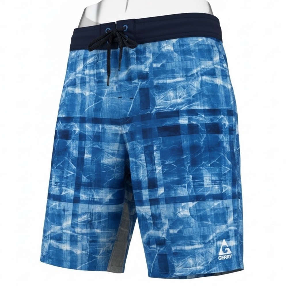 Gerry Mens Blue Abstract Plaid Board Shorts Swim Trunks Size‎ S Drawstring
